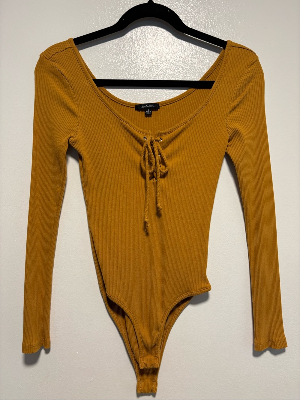 Ambiance Mustard Ribbed Lace-Up Long Sleeve Bodysuit
